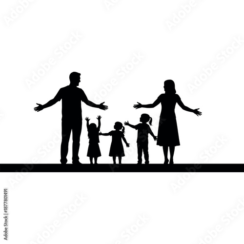 Vector illustration of a black silhouette family with a mother, father, daughter, and son walking in the park and on the beach