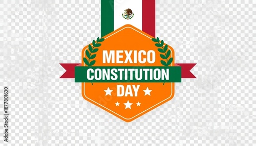 A vibrant orange and green Mexico Constitution Day logo with a white and gray checkered background