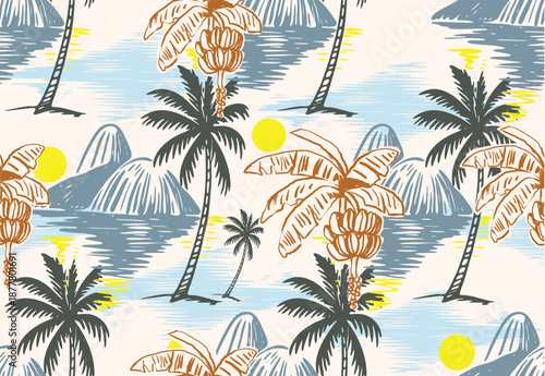 RIO Tropical Summer Pattern Design. Palm Tree Pattern.  Print. Rio mountain Seamless pattern Design. Botanical Retro Print design. Shirt print design. perfect for tee shirt fabric in summer vibes.