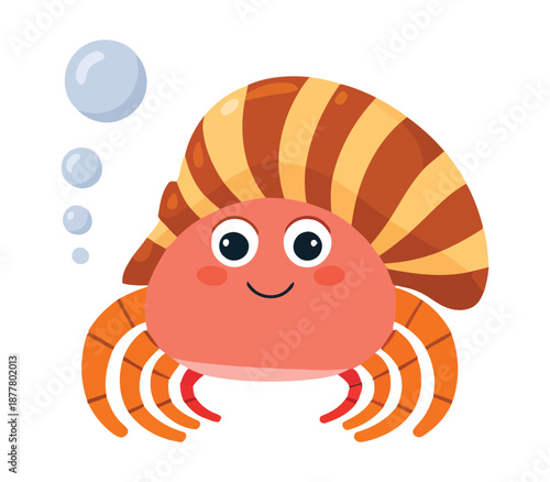 Cute cartoon hermit crab with thought bubbles smiling happily