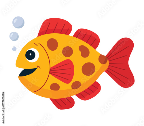 Smiling cartoon fish with red fins and bubbles swimming happily