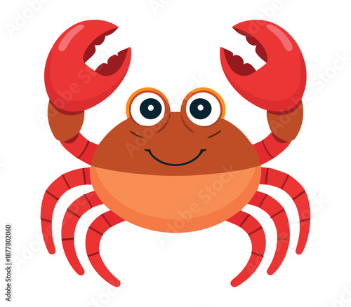 Smiling cartoon crab with big eyes and claws raised high