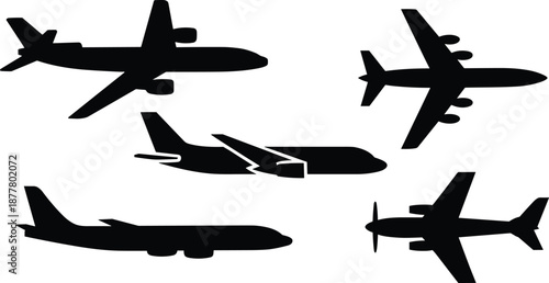 Airplane silhouette vector set, black aircraft shapes, side and angled views, aviation design, flight icon, jet, commercial plane illustration
