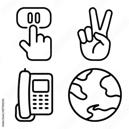 Minimalist Monochrome Line Art Icon Set Featuring Media Pause Button, Victory Peace Hand Gesture, Landline Telephone, and Earth Globe Silhouette Collage