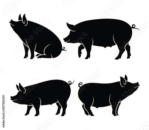 Set of four black pig silhouettes in different poses