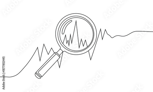 Magnifying glass examining fluctuating financial graph business concept clear precise line art illustration