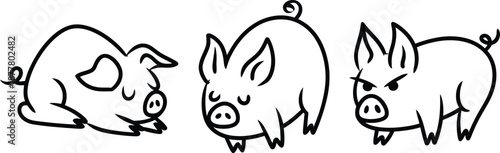 Three adorable cartoon pigs in different poses