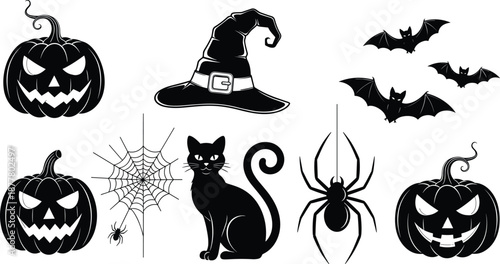 Halloween spooky silhouettes with jack‑o‑lanterns bats witch hat spider web black cat festive decoration vector illustration design isolated