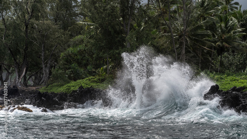Ocean wave crashes against a rocky shore surrounded by lush green tropical forest.   Haiku, Hawaii, USA