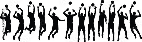 Black silhouette of eleven basketball players jumping and reaching for balls on white background for sports competition team training and athletic action concept (exactly 24 words)