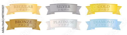 ポイント制度や顧客ランク表示に使える、6段階ステータスを色分けしたリボンデザイン素材集（Regular／Bronze／Silver／Gold／Platinum／Diamond）