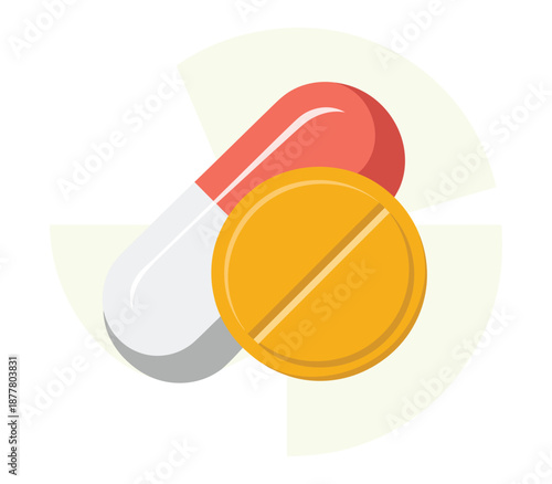 Colorful pills and capsules in modern medical illustration