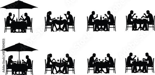 Black silhouette of various couples dining at restaurant tables with wine and food under umbrellas on white background for romantic date and hospitality concept (exactly 24 words)