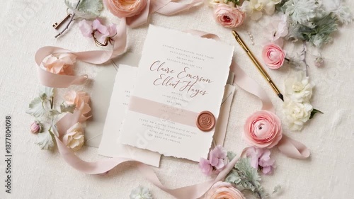 Top-down video of elegant wedding invitation with floral decor and soft pastel hues