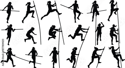 Black silhouette of various female pole vault athletes running jumping and climbing with poles on white background for track and field sports competition concept (exactly 24 words)
