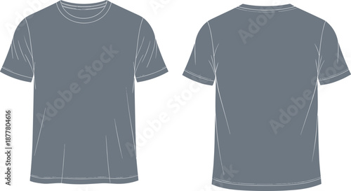 Plain gray short sleeve t‑shirt front and back fashion vector illustration with stitching details for apparel design mockup and e‑commerce