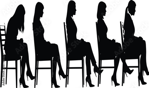 Business woman silhouette collection of candidates sitting on chairs waiting for job interview corporate recruitment process and professional office meeting isolated on white background.
