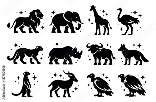 Stylized silhouette African wildlife animal set featuring diverse wild creatures like lions, elephants, giraffes, and rhinos for educational and design projects