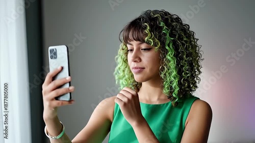 Wallpaper Mural Vibrant Green Curly Hair Woman Takes Selfie on Smartphone | Modern Lifestyle, Tech & Social Media Portrait Torontodigital.ca