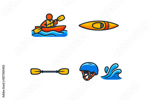 Kayaking Icons: Person, Kayak, Paddle, Helmet, and Water