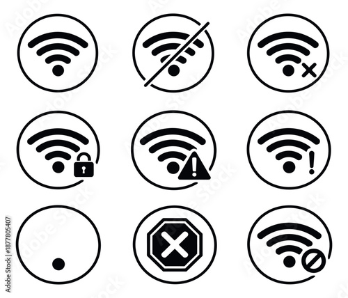 Line art wifi icons set featuring various connectivity statuses for technology and communication design