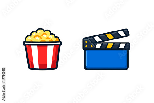 Popcorn bucket and clapperboard icons on a dark background
