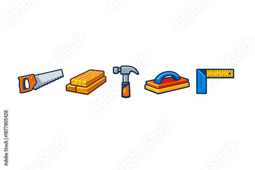 Set of carpentry tools and materials on a gradient background