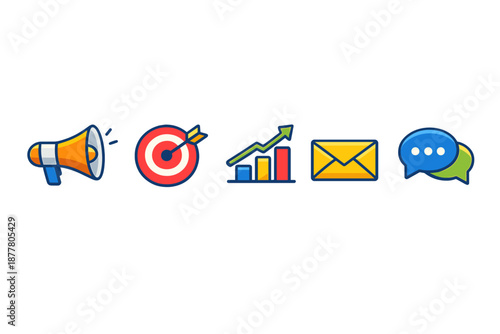 Marketing and communication icons: megaphone, target, graph, email