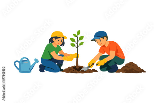 Children planting a tree outdoors