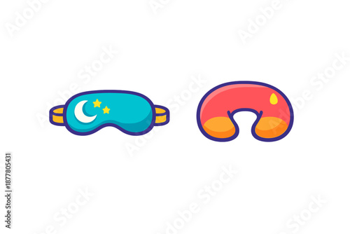 Cartoon sleep mask and travel pillow icons