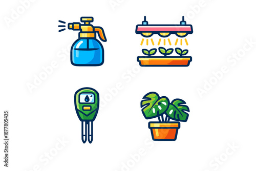 Gardening Icons: Sprayer, Grow Light, Soil Meter, and Potted Plant