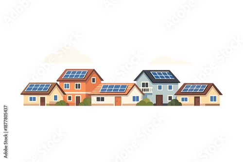 Houses with solar panels under a cloudy sky