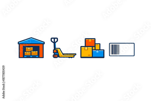 Warehouse icons: storage, forklift, boxes, barcode