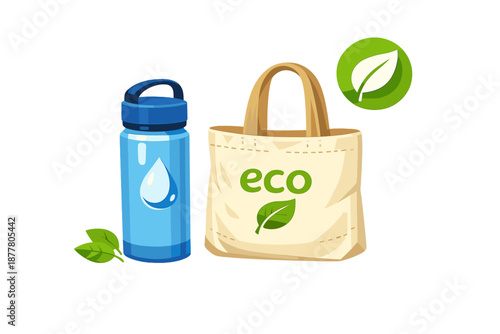 Eco-friendly reusable bag and water bottle with leaf symbols
