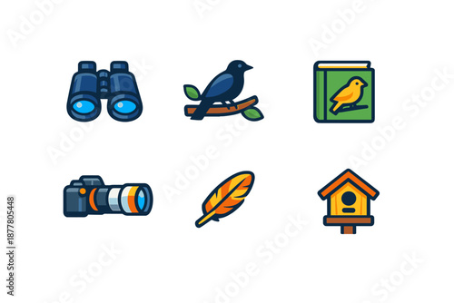 Birdwatching Icons: Binoculars, Camera, Bird, Feather, Birdhouse, Book