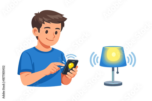 Man using smartphone to control smart lamp