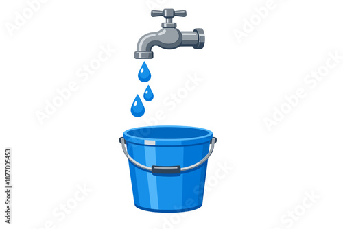 Water dripping from faucet into a blue bucket