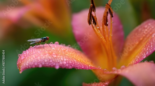 Close-up of a delicate fly perched on a vibrant petal adorned with fresh dew drops showcasing nature's intricate beauty and colors in a blooming flower
