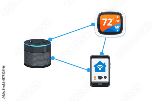 Smart home devices connected with glowing lines