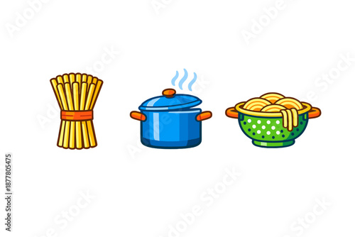 Spaghetti cooking process: raw, boiling, and drained