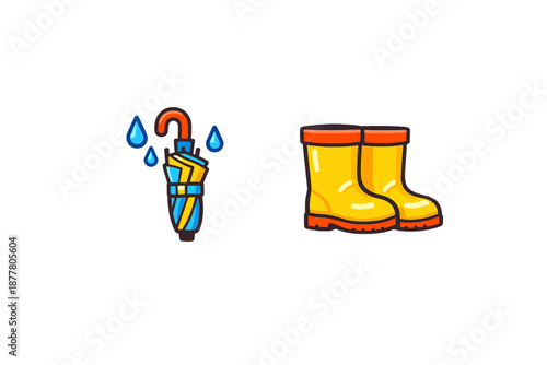 Cartoon umbrella and rubber boots, weather icons