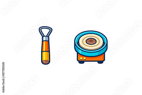 Pottery wheel and brush illustration