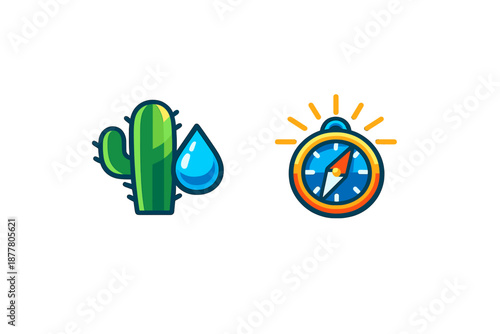 Desert survival icons: cactus and water, compass