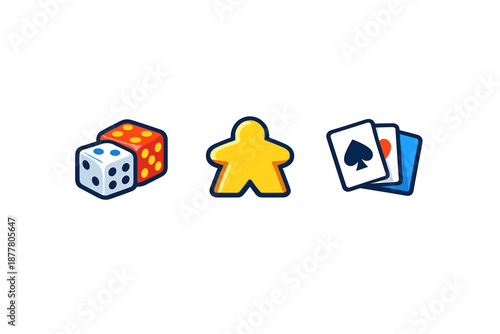 Collection of game icons: dice, meeple, and playing cards
