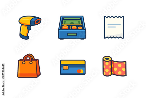 Retail icons: barcode scanner, cash register, receipt, bag, card