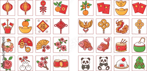Vibrant Chinese New Year symbols and icons set for festive designs