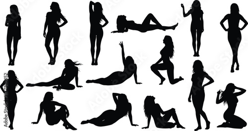 Collection Of Sexy Female Silhouettes Set Featuring Beautiful Woman In Various Fashion Poses Standing Sitting And Laying Isolated On White Background For Creative Designs