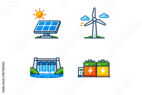 Set of renewable energy icons: solar, wind, hydro, and battery