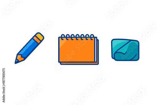Pencil, notepad, and eraser icons with glowing effect