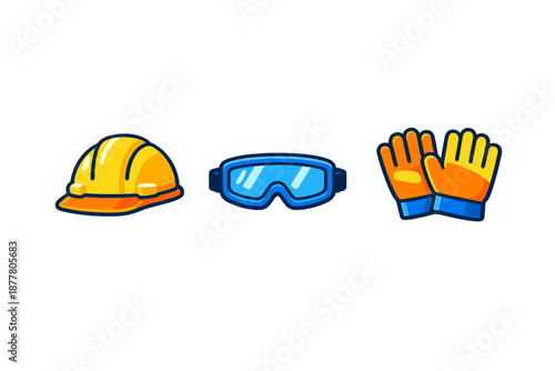 Construction safety gear: hard hat, goggles, gloves